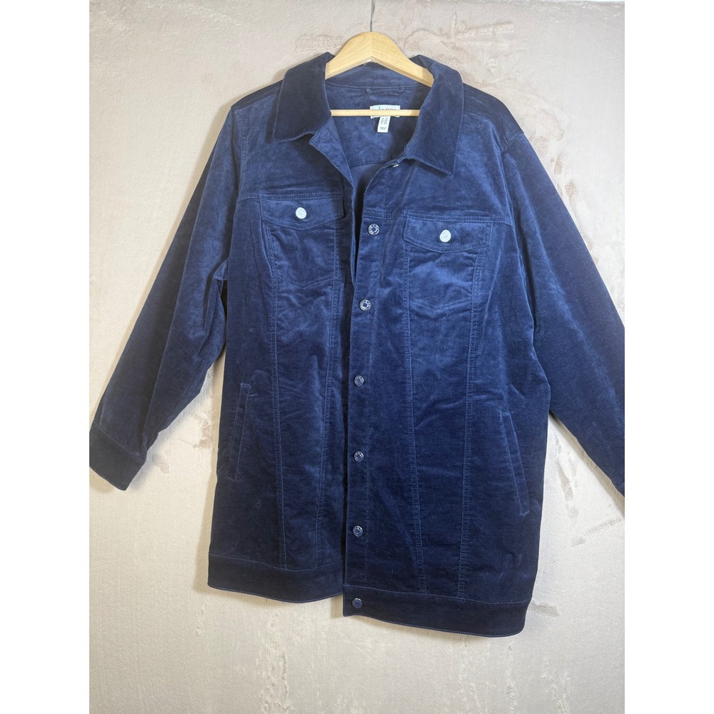 Denim & Co Mens 2X Navy Blue Velvet Button Front Trucker Jacket Cotton Stretch